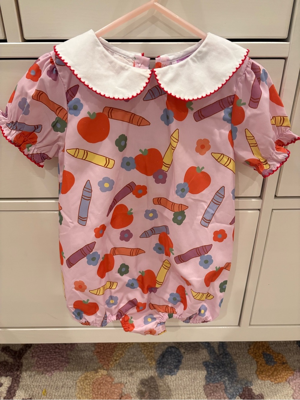 Poppy Kids Pink Apple & Crayon Print Romper with Peter Pan Collar